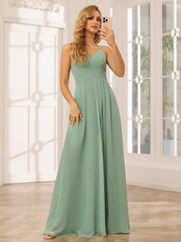 Chiffon V Neck Spaghetti Straps A Line Pleated Bridesmaid Dresses