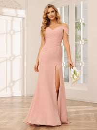 Chiffon Off the Shoulder Spaghetti Straps Pleated Bridesmaid Dresses with Slit