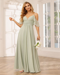 Chiffon Off the Shoulder Spaghetti Straps A Line V Neck Pleated Bridesmaid Dresses