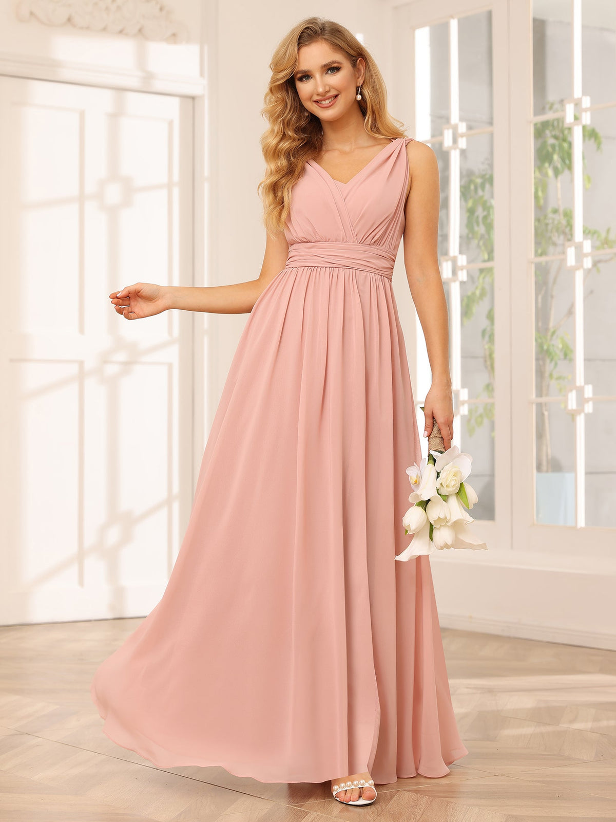 Chiffon V Neck A Line Pleated Bridesmaid Dresses with Slit