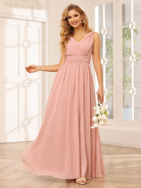 Chiffon V Neck A Line Pleated Bridesmaid Dresses with Slit