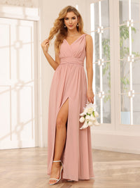 Chiffon V Neck A Line Pleated Bridesmaid Dresses with Slit