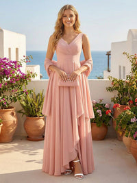 Chiffon V Neck A Line Ruffles Pleated Bridesmaid Dresses with Caps