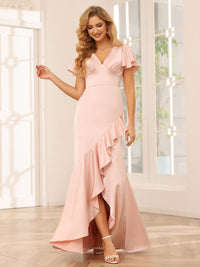 Satin Short Sleeves A Line V Neck Ruffles Bridesmaid Dresses with Slit