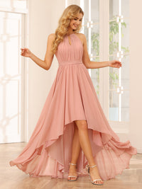 Chiffon Halter Cut Out Corset Ruffles High Low Pleated Bridesmaid Dresses