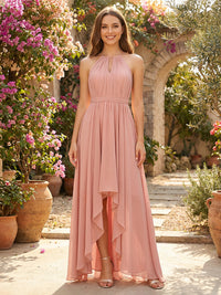 Chiffon Halter Cut Out Corset Ruffles High Low Pleated Bridesmaid Dresses