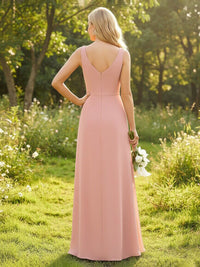 Chiffon V Neck A Line Ruffles Pleated Bridesmaid Dresses with Slit
