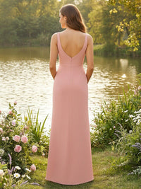 Chiffon V Neck Spaghetti Straps Mermaid Pleated Bridesmaid Dresses with Slit