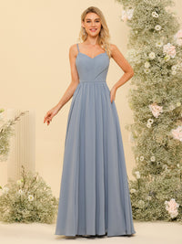 Spaghetti Straps Backless Chiffon Bridesmaid Dresses with Slit