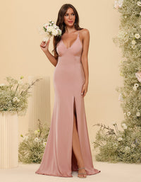 V Neck Spaghetti Straps Satin Bridesmaid Dresses Backless