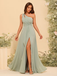 One Shoulder Chiffon Pleated Bridesmaid Dresses with Slit
