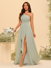 One Shoulder Chiffon Pleated Bridesmaid Dresses with Slit