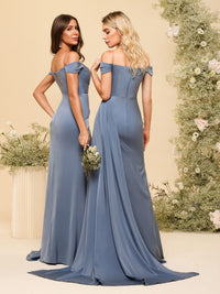 Off Shoulder Pleated Satin Bridesmaid Dresses with Slit
