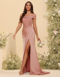 Off Shoulder Satin Pleated Bridesmaid Dresses with Slit