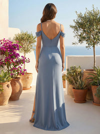 Off Shoulder Satin Pleated Bridesmaid Dresses with Slit