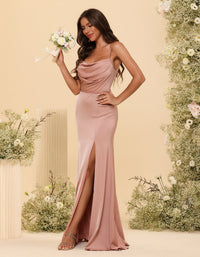 Spaghetti Straps Satin Pleated Bridesmaid Dresses with Slit