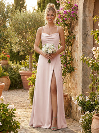 Spaghetti Straps Satin Backless Bridesmaid Dresses with Slit