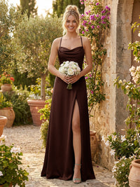 Spaghetti Straps Satin Backless Bridesmaid Dresses with Slit