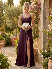 Spaghetti Straps Satin Backless Bridesmaid Dresses with Slit