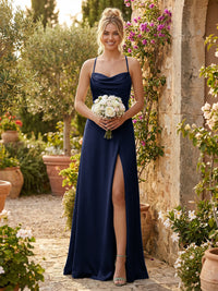 Spaghetti Straps Satin Backless Bridesmaid Dresses with Slit