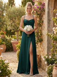 Spaghetti Straps Satin Backless Bridesmaid Dresses with Slit