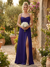 Spaghetti Straps Satin Backless Bridesmaid Dresses with Slit