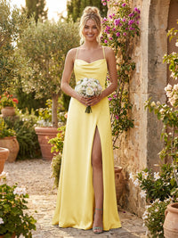 Spaghetti Straps Satin Backless Bridesmaid Dresses with Slit