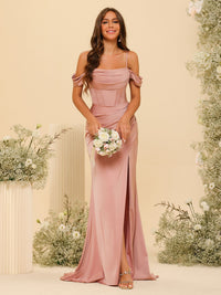 Spaghetti Straps Satin Bridesmaid Dresses with Pleats