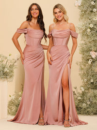 Spaghetti Straps Satin Bridesmaid Dresses with Pleats
