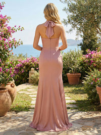 Halter Pleated Backless Satin Bridesmaid Dresses with Slit