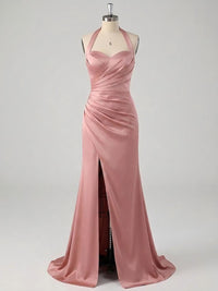 Halter Pleated Backless Satin Bridesmaid Dresses with Slit
