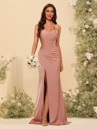 Halter Pleated Backless Satin Bridesmaid Dresses with Slit