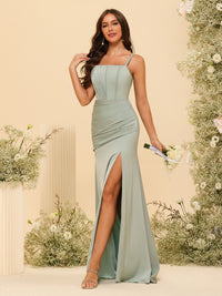 Spaghetti Straps Satin Bridesmaid Dresses with Slit