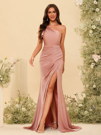 One Shoulder Satin Pleated Bridesmaid Dresses with Slit