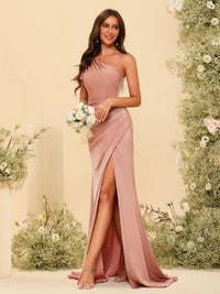 One Shoulder Satin Pleated Bridesmaid Dresses with Slit