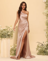 One Shoulder Backless Satin Pleated Bridesmaid Dresses with Slit