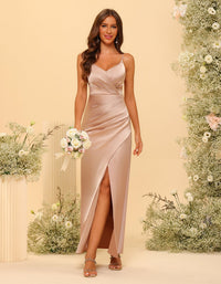 Spaghetti Straps Satin Pleated Bridesmaid Dresses with Slit