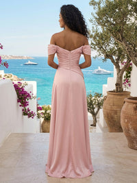 Satin A Line Off the Shoulder Floor Length Bridesmaid Dresses