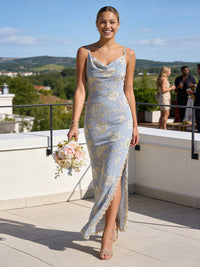 Floral Print Sheath Spaghetti Straps Floor Length Bridesmaid Dresses