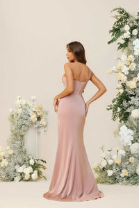 One Shoulder Satin Corset Pleated Bridesmaid Dresses with Slit