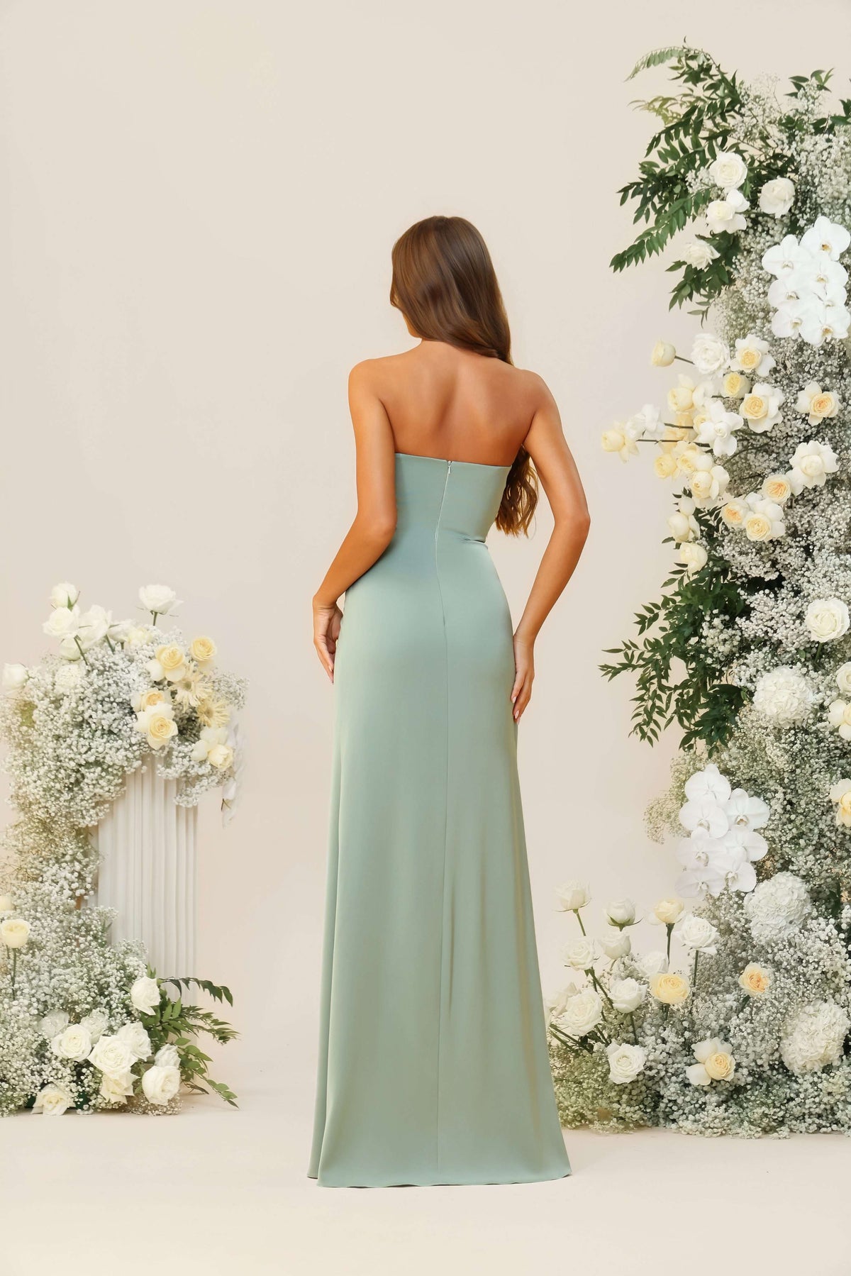 Strapless Satin Corset Pleated Bridesmaid Dresses with Slit