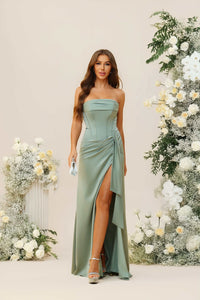 Strapless Satin Corset Pleated Bridesmaid Dresses with Slit