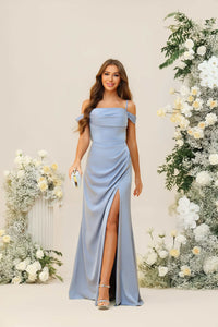 Off the Shoulder Spaghetti Straps Satin Pleated Bridesmaid Dresses