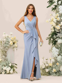 V Neck Pleated Ruffles Bridesmaid Dresses with Slit