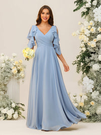 Ruffles V Neck Chiffon Pleated Corset Bridesmaid Dresses