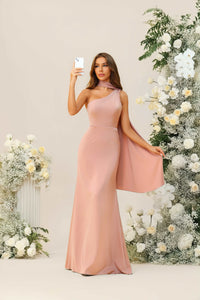 One Shoulder Satin Corset Pleated Bridesmaid Dresses with Scarf