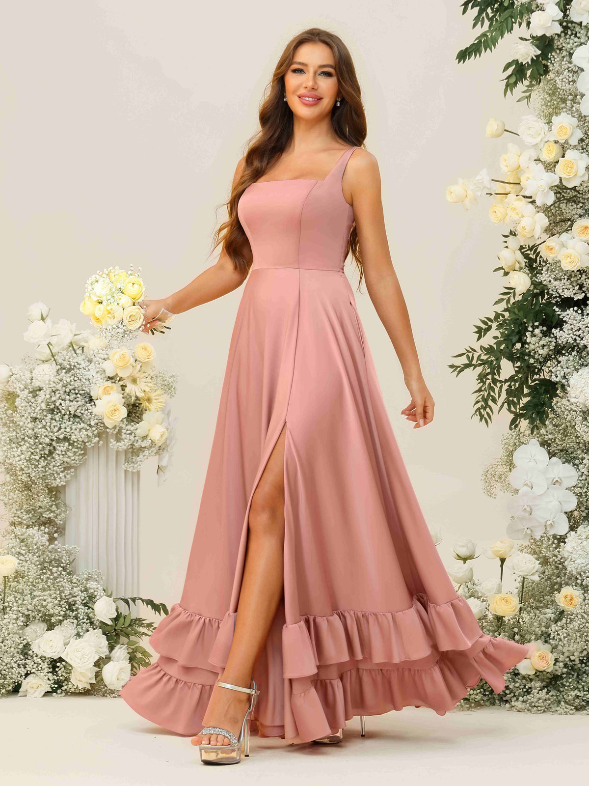 Layered Ruffles Square Neck Satin Pleated Bridesmaid Dresses with Slit