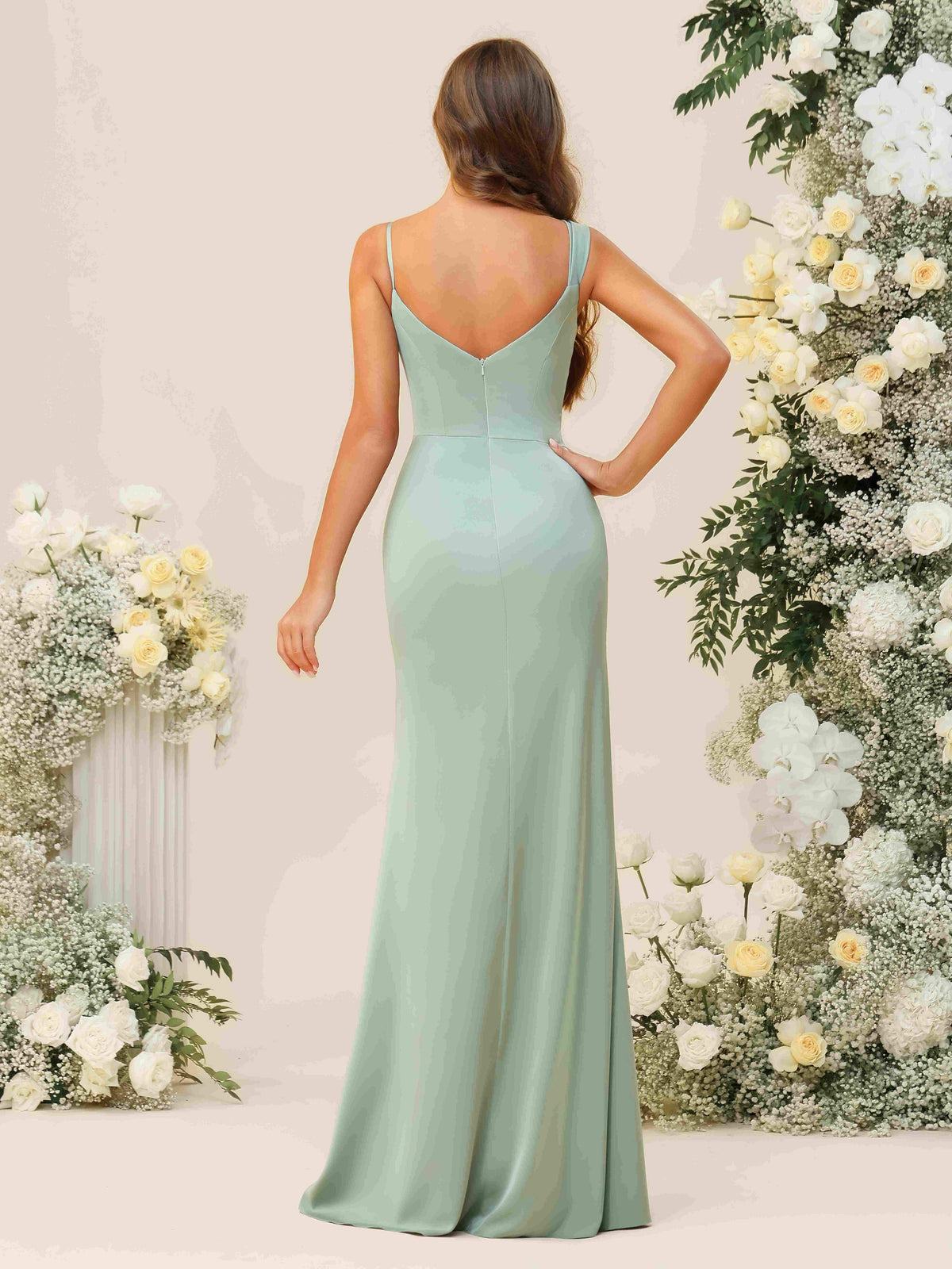 Cowl Neck Spaghetti Straps Satin Pleated Bridesmaid Dresses