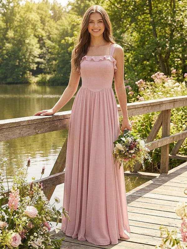 Square Neck Spaghetti Straps Chiffon Pleated Bridesmaid Dresses with Pockets