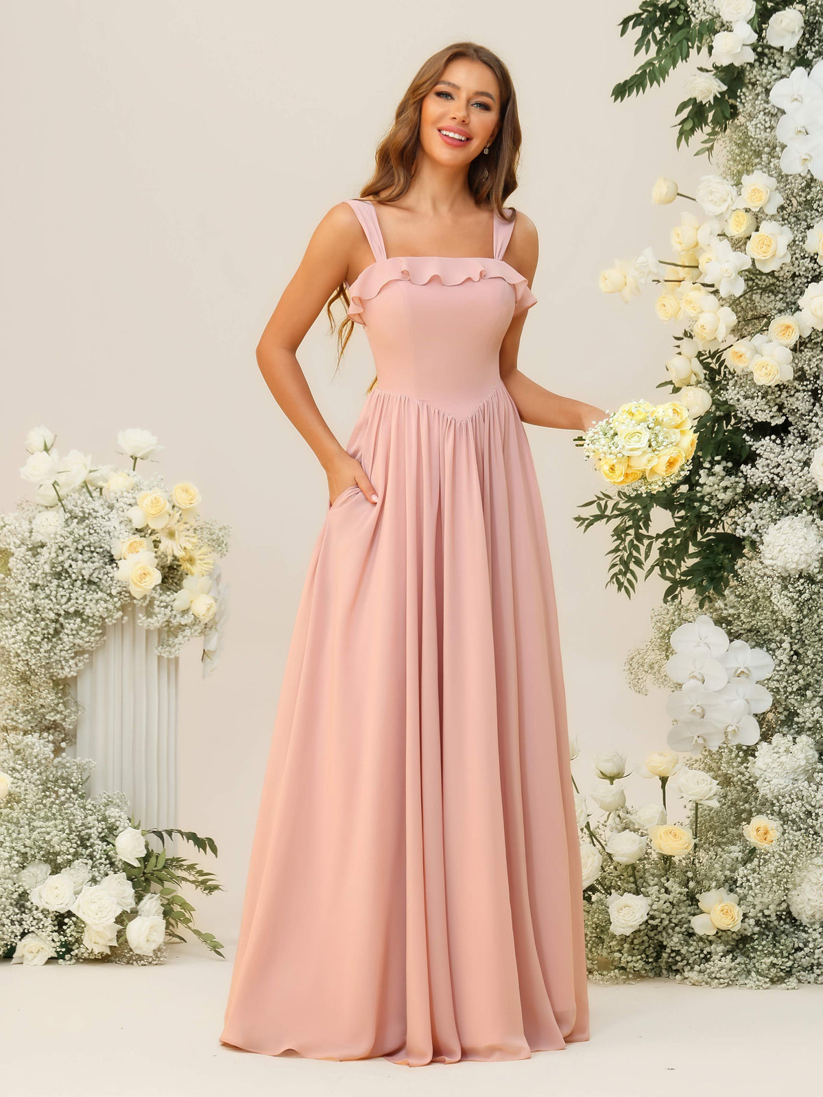 Square Neck Spaghetti Straps Chiffon Pleated Bridesmaid Dresses with Pockets